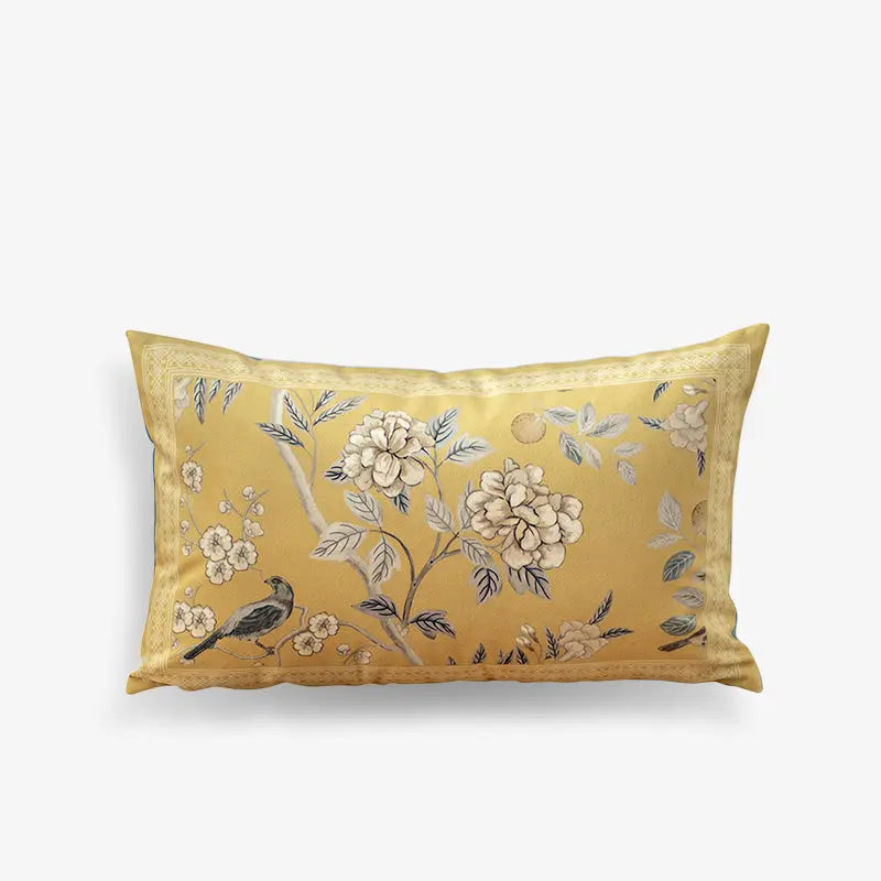 Chinoiserie Original Yellow Flowers and Birds Throw Pillow Autumn Abundance