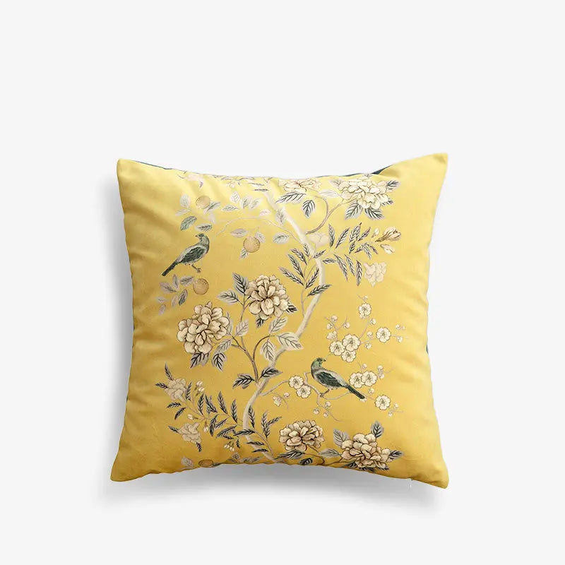 Chinoiserie Original Yellow Flowers and Birds Throw Pillow Autumn Abundance