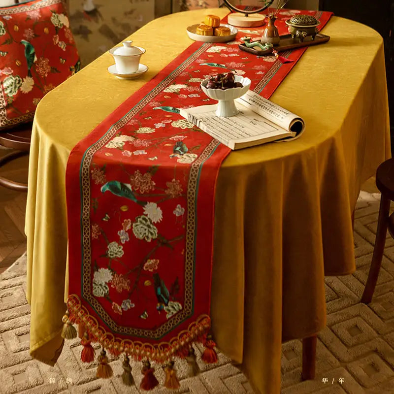 Chinoiserie Plush Festive Red Flower and Bird Table Runner