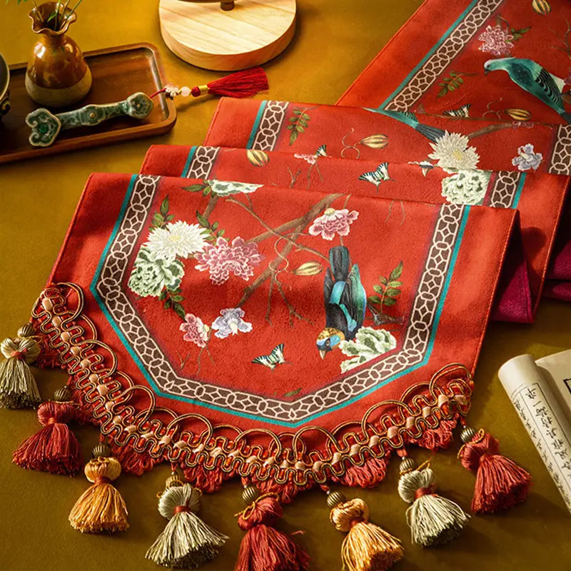 Chinoiserie Plush Festive Red Flower and Bird Table Runner