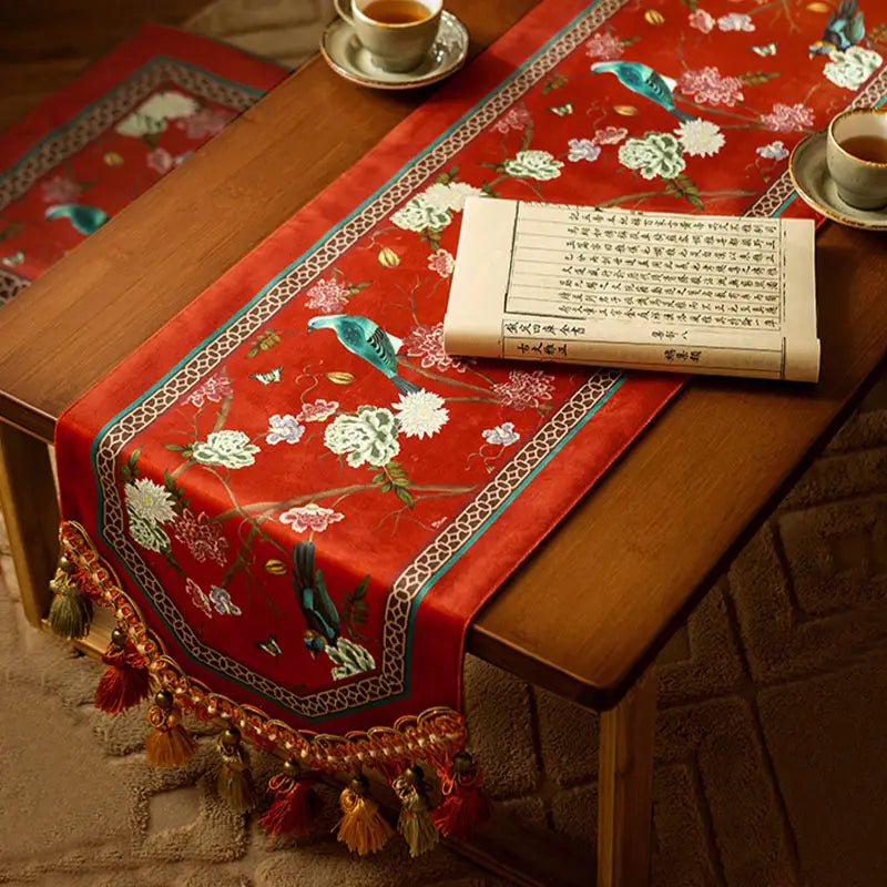 Chinoiserie Plush Festive Red Flower and Bird Table Runner