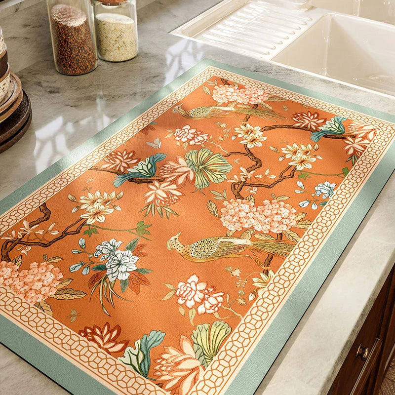 Chinoiserie Retro Spring Floral Kitchen Drain Mat