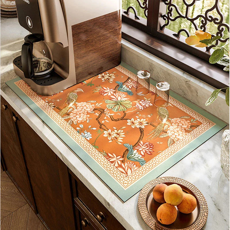 Chinoiserie Retro Spring Floral Kitchen Drain Mat