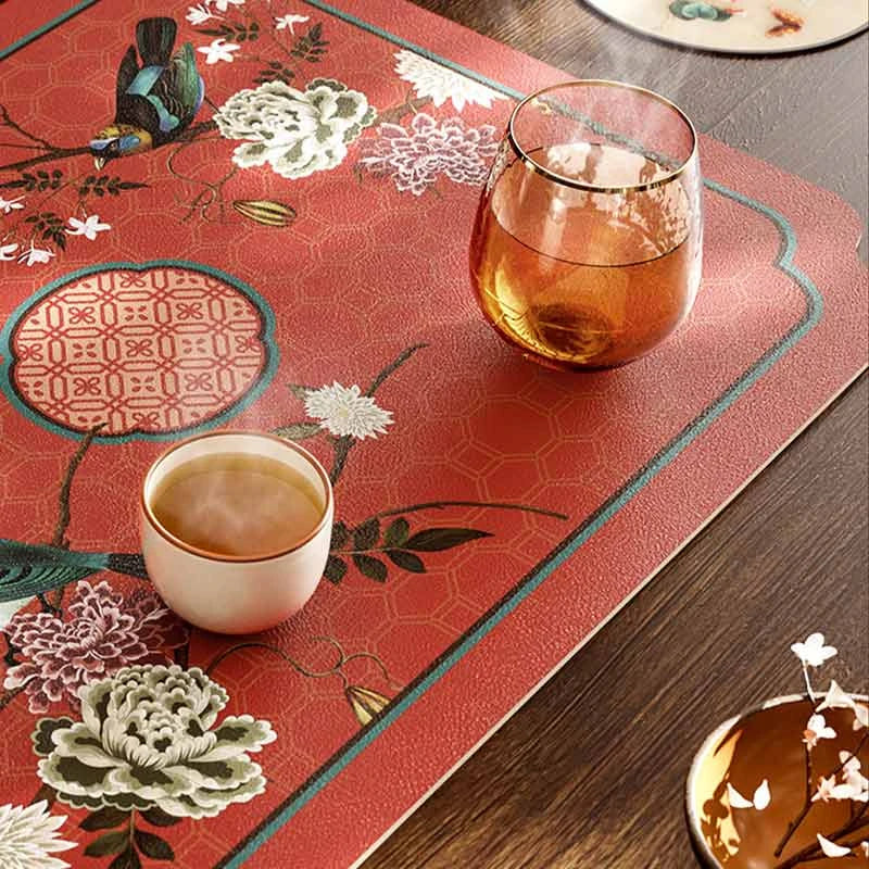 Chinoiserie Royal Red Festive Leather Tea Table Mat