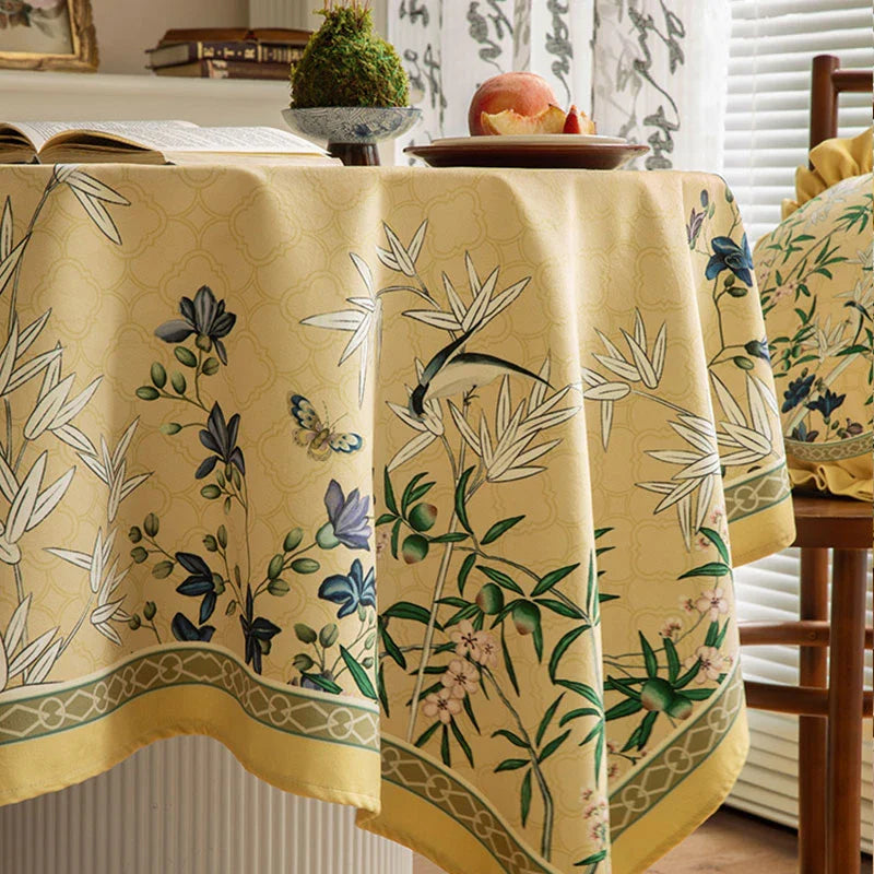 Chinoiserie Traditional Autumn Orchids Yellow Round Tablecloth - SinoCultural