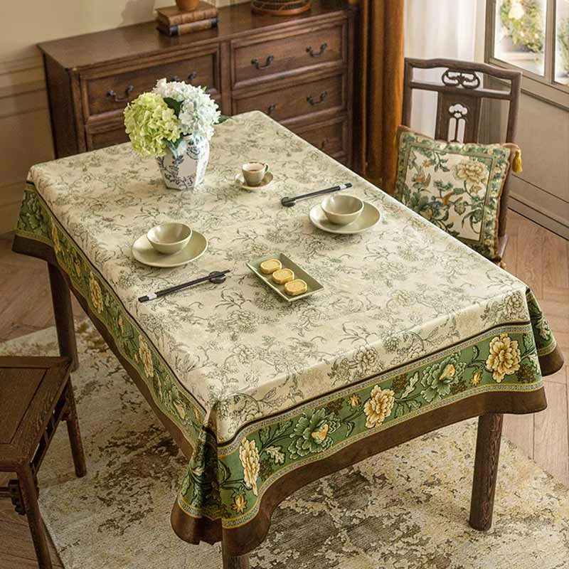 Chinoiserie Traditional Autumn Orchids Green Tablecloth - SinoCultural