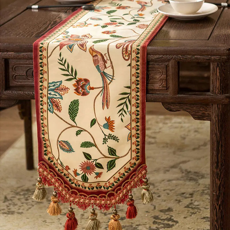 Chinoiserie Vintage Floral and Aviary Design Table Runner