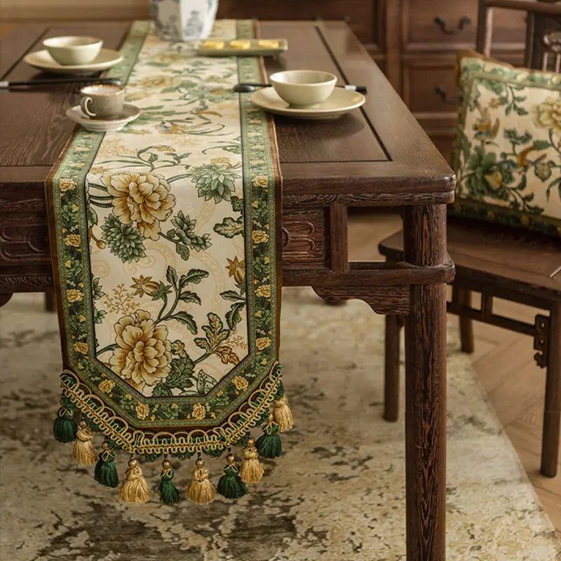 Chinoiserie Vintage Floral and Aviary Design Table Runner