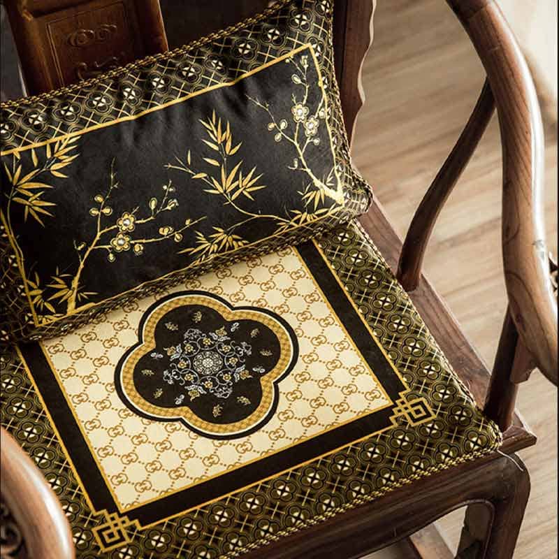 Chinoiserie Vintage Short Plush LumbarPillow Black-Gold Bamboo