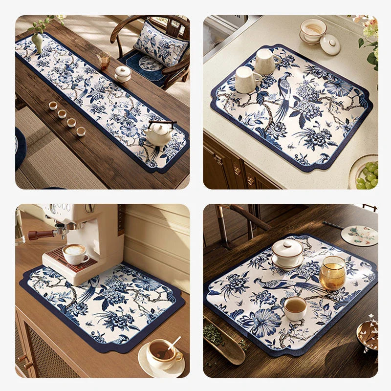 Chinoiserie White and Blue Table Drying Mat