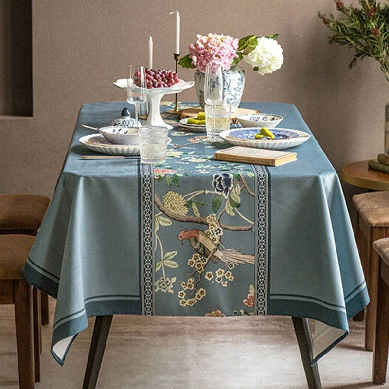 Chinoiserie blue Vintage Flowers and Birds Tablecloth