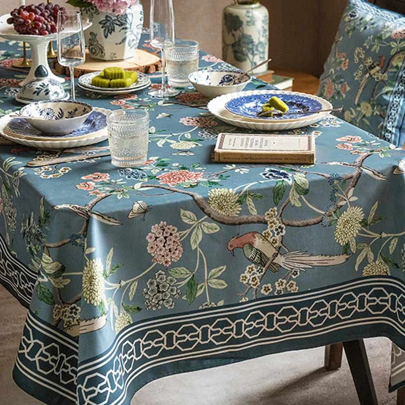 Chinoiserie blue Vintage Flowers and Birds Tablecloth