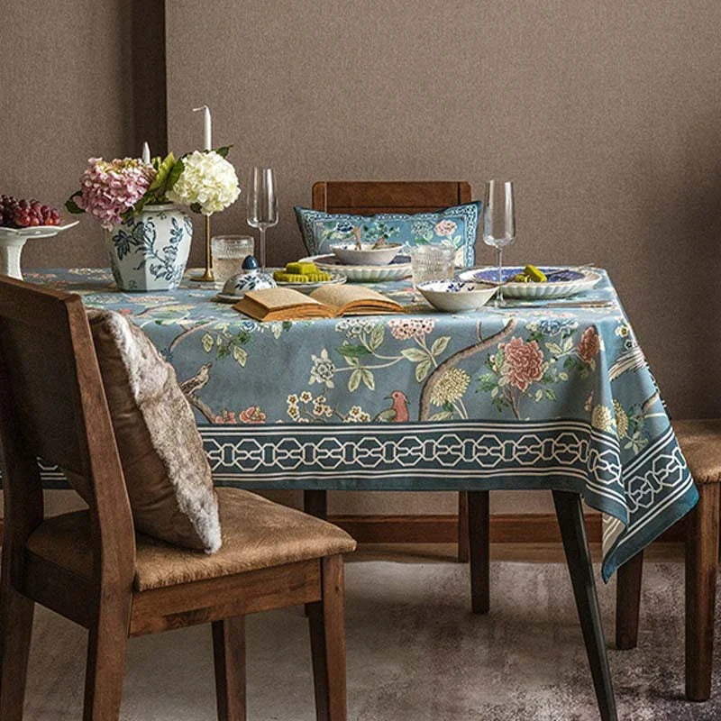 Chinoiserie blue Vintage Flowers and Birds Tablecloth