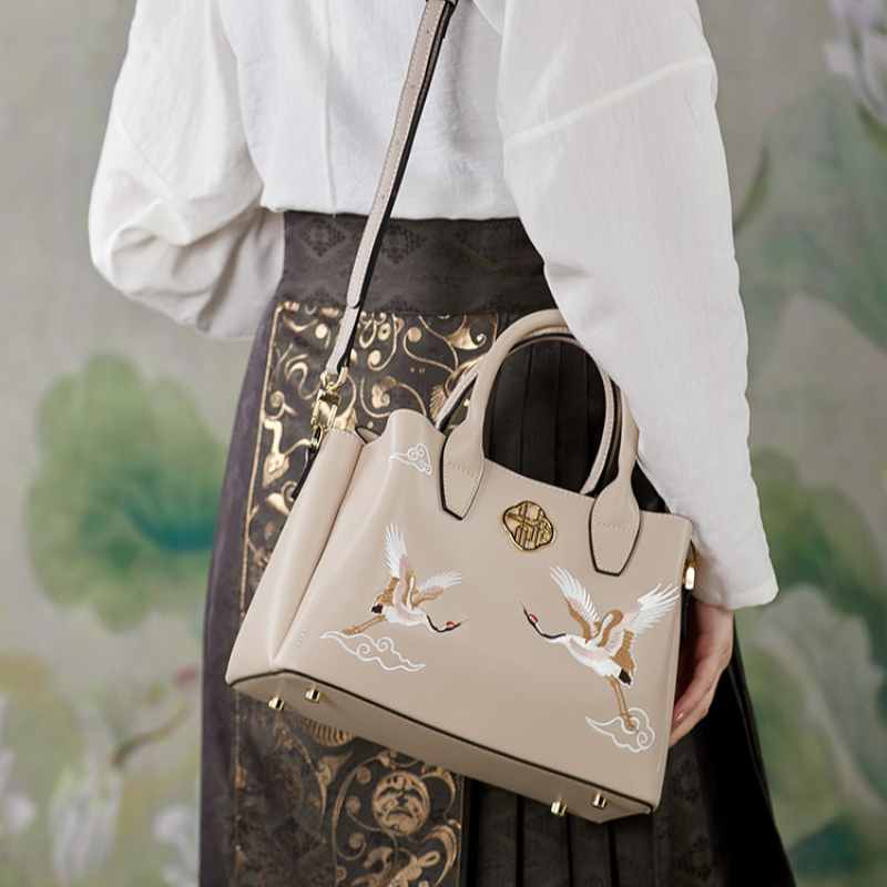 Embroidery Leather Tote Bag Traditional Crane-Tote Bag-SinoCultural-SinoCultural