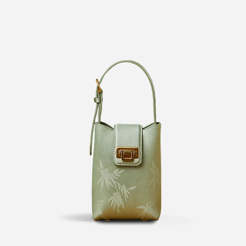 Embossed Leather Green Bamboo Leaf Phone Bag - SinoCultural