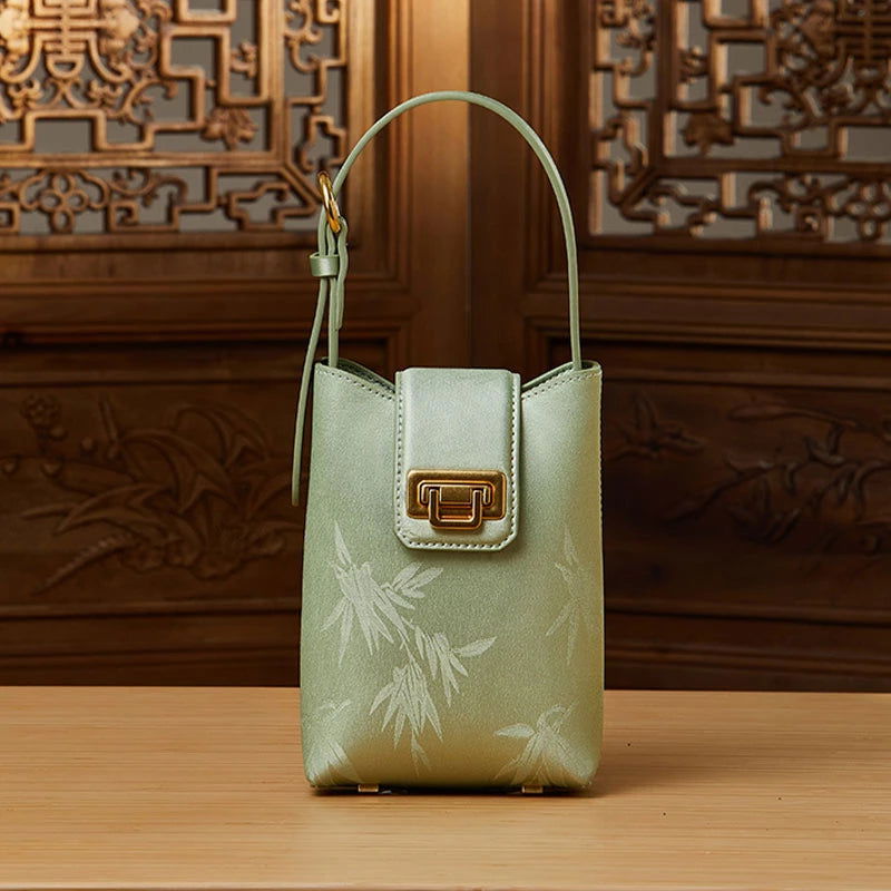 Embossed Leather Green Bamboo Leaf Phone Bag - SinoCultural