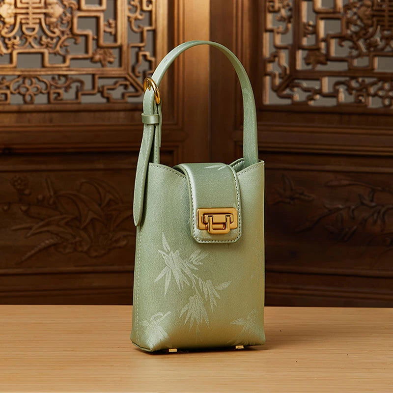 Embossed Leather Green Bamboo Leaf Phone Bag - SinoCultural