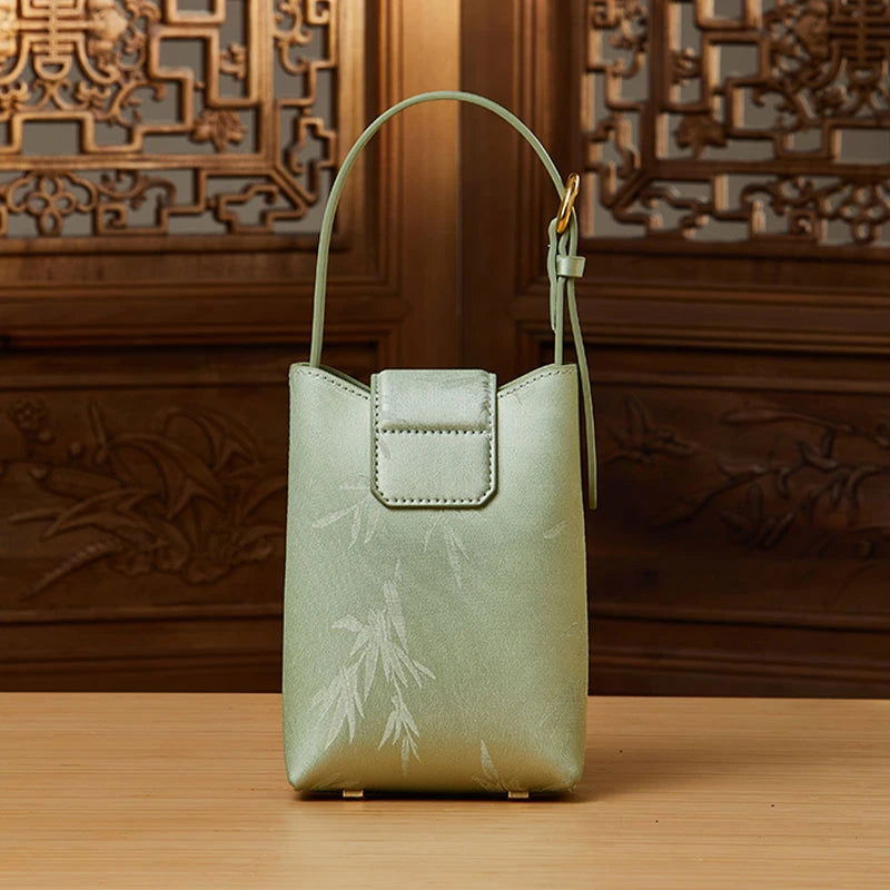 Embossed Leather Green Bamboo Leaf Phone Bag - SinoCultural