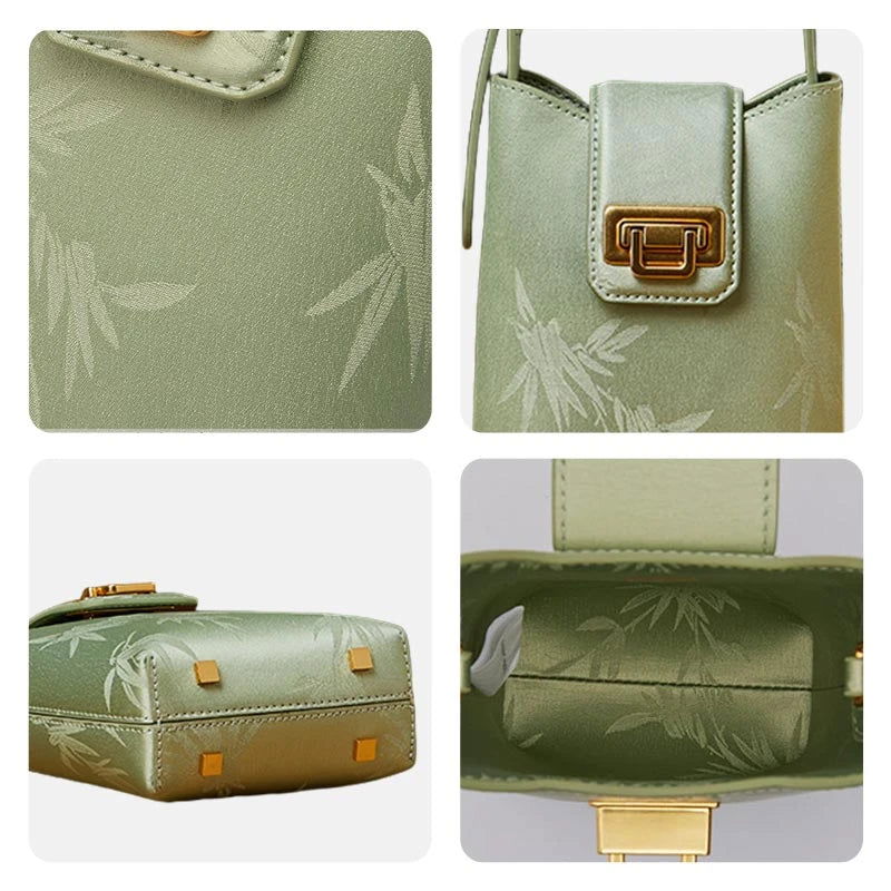 Embossed Leather Green Bamboo Leaf Phone Bag - SinoCultural