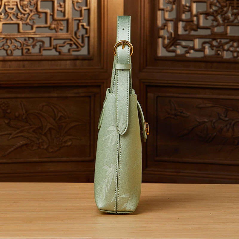 Embossed Leather Green Bamboo Leaf Phone Bag - SinoCultural