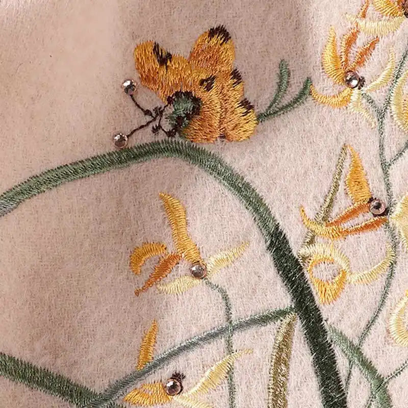 Embroidery Cashmere Elegant Orchid Autumn Scarf 180x30 | SinoCultural | Luxury Embroidered Cashmere Scarf