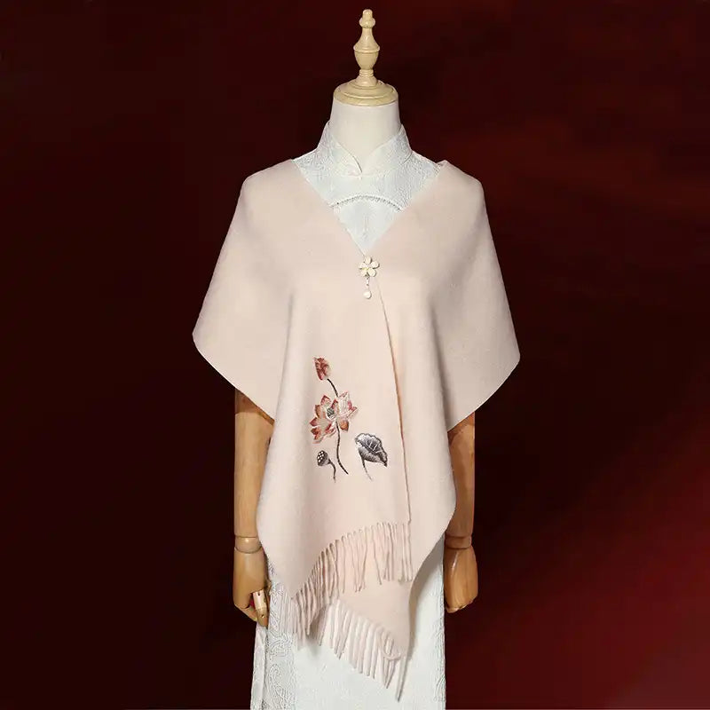 Embroidery Cashmere Elegant Lotus Autumn Scarf 180x30 | SinoCultural | Premium Embroidered Cashmere Scarf