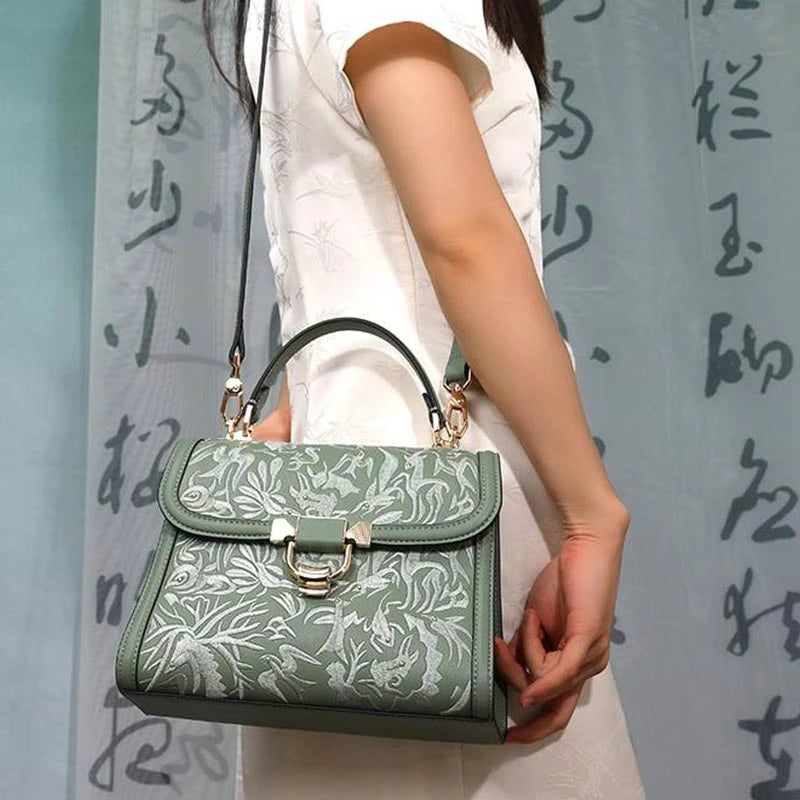 Embroidery Leather Handbag Dunhuang Culture Designer Bag CXXB054