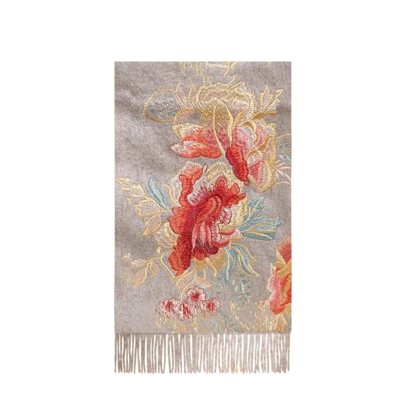 Embroidery 100% Pure Cashmere Scarf Elegant Floral Design 200x60 cm - SinoCultural