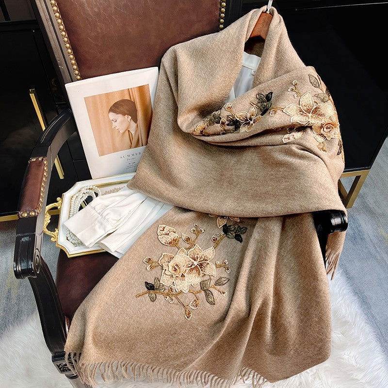 Embroidery 100% Pure Cashmere Scarf Gardenia 200x60 cm - SinoCultural