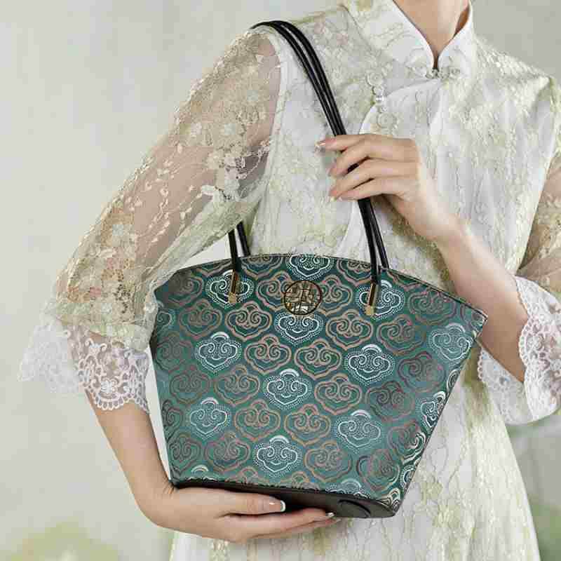 Embroidery Leather Shoulder Tote Bag Cloud Pattern Handbag - SinoCultural