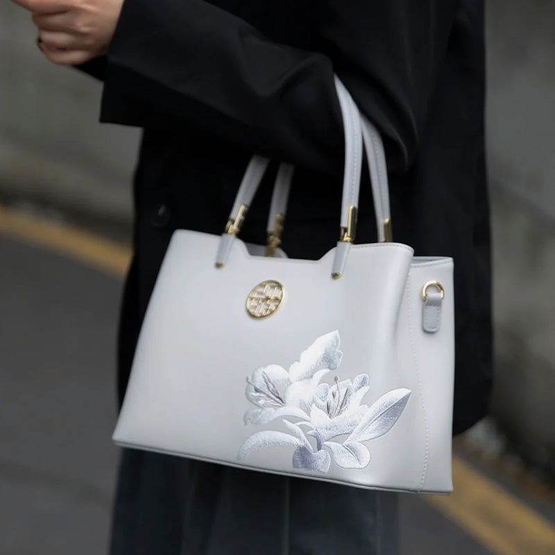 Embroidery Leather Grey Tote Bag Azalea Women Handbag - SinoCultural