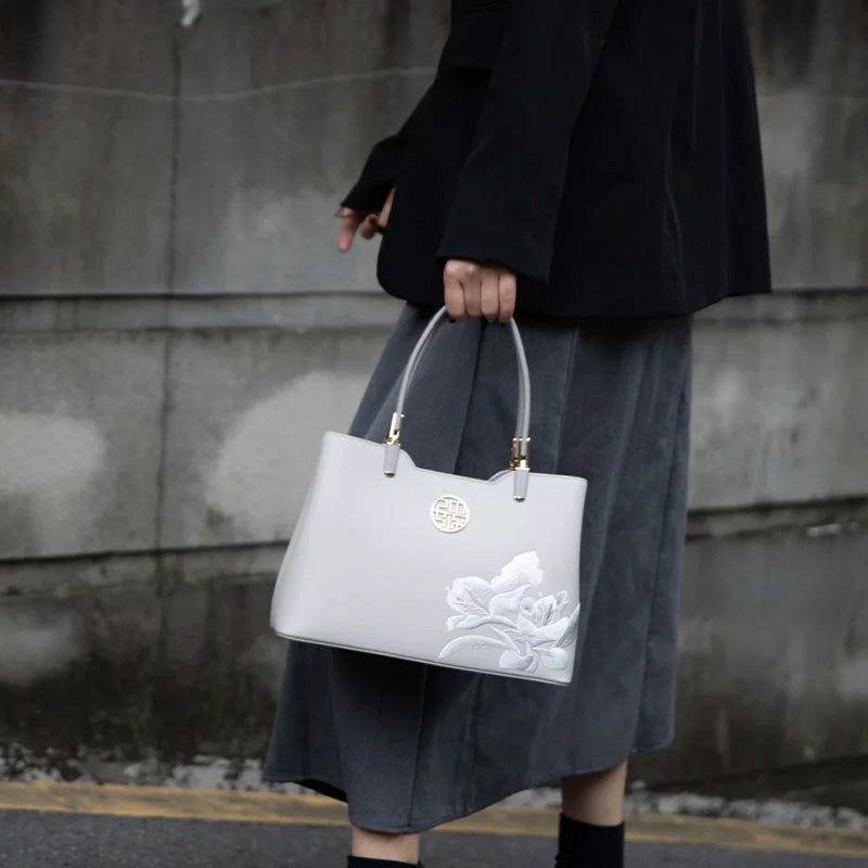 Embroidery Leather Grey Tote Bag Azalea Women Handbag - SinoCultural