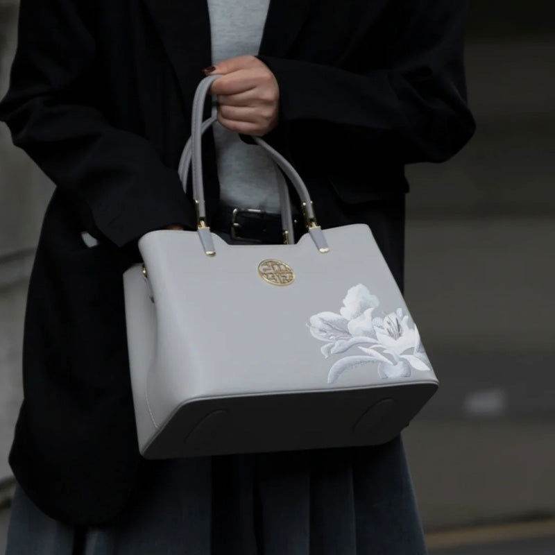 Embroidery Leather Grey Tote Bag Azalea Women Handbag - SinoCultural