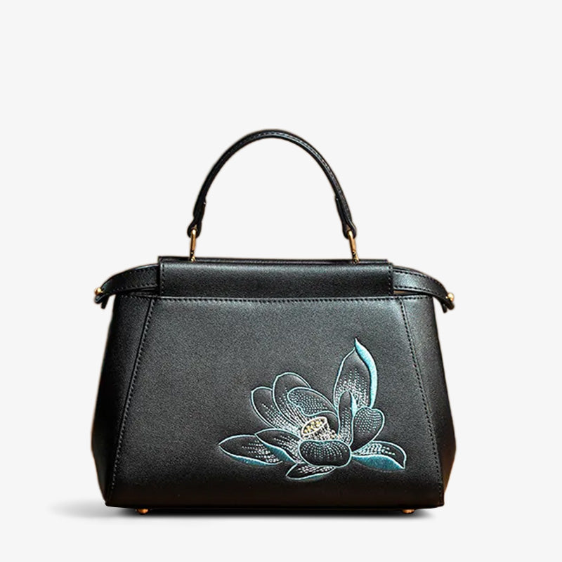 Embroidery Leather Black Lotus Handbag - SinoCultural