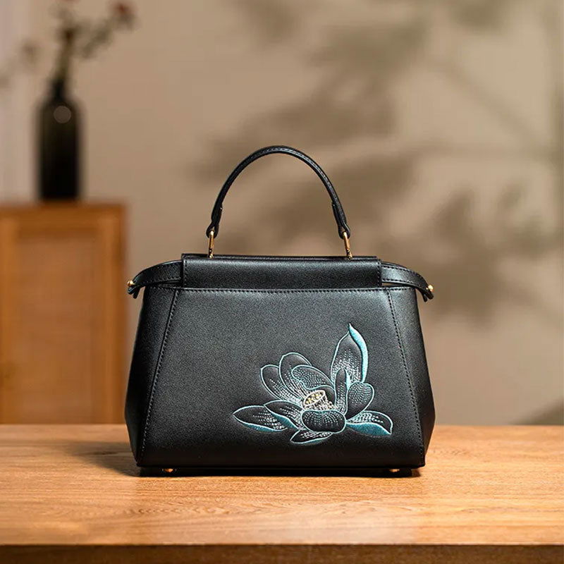 Embroidery Leather Mini Bag Black Lotus Handbag - SinoCultural