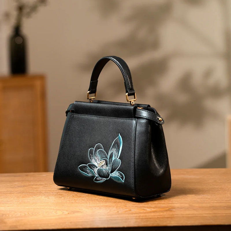 Embroidery Leather Mini Bag Black Lotus Handbag - SinoCultural