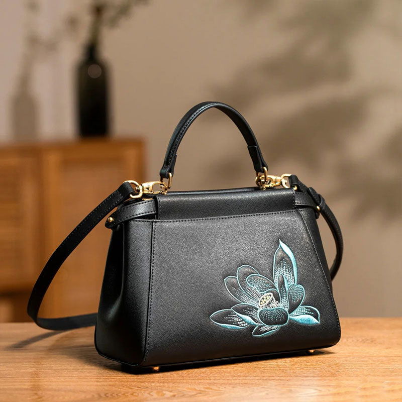 Embroidery Leather Black Lotus Handbag - SinoCultural