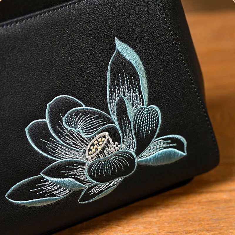 Embroidery Leather Black Lotus Handbag - SinoCultural