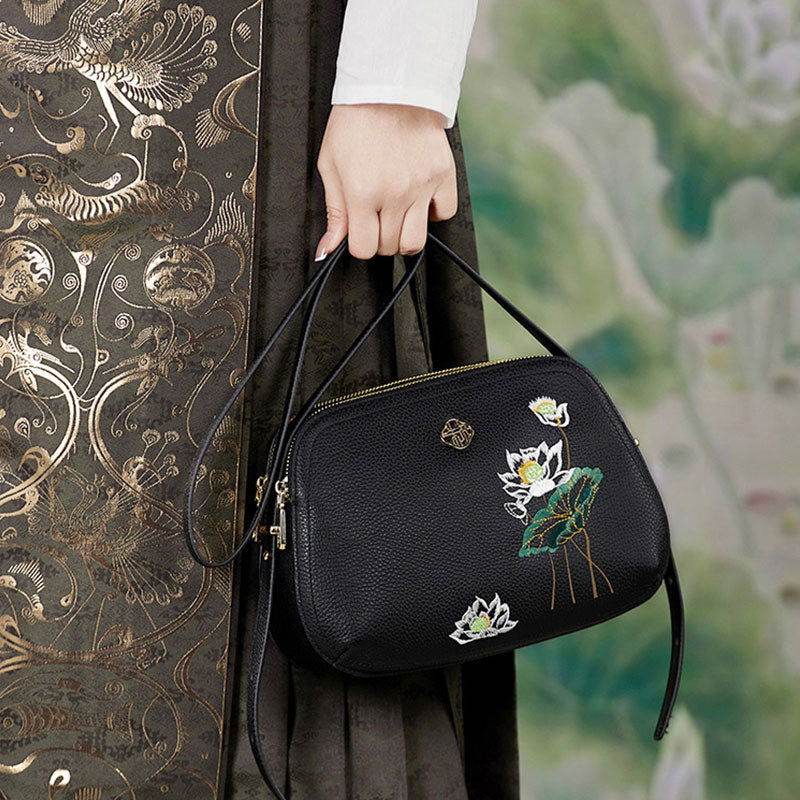 Embroidery Leather Shoulder Bag Black Lotus Handbag - SinoCultural