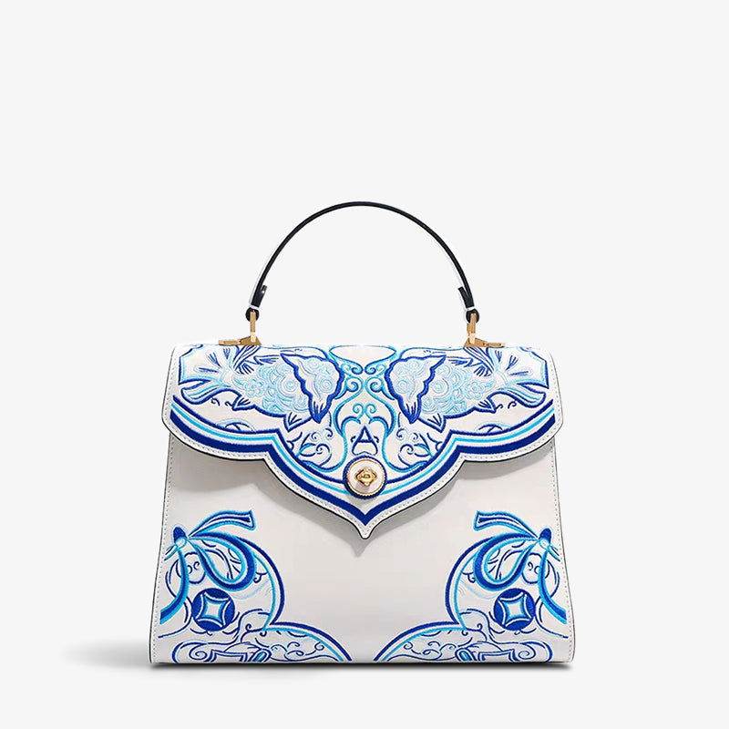 Embroidery Leather Blue Tote Bag Fortune Koi Fish Handbag - SinoCultural
