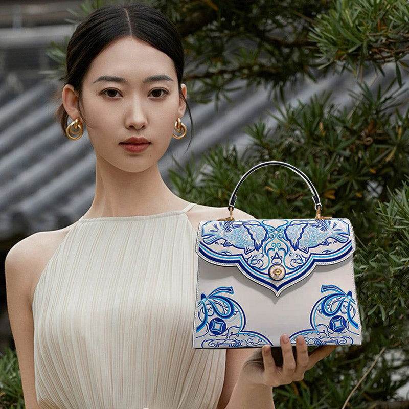 Embroidery Leather Blue Tote Bag Fortune Koi Fish Handbag - SinoCultural