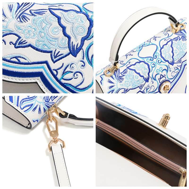 Embroidery Leather Blue Tote Bag Fortune Koi Fish Handbag - SinoCultural