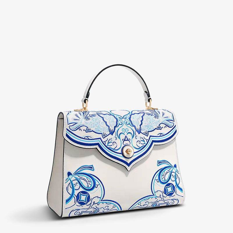 Embroidery Leather Blue Tote Bag Fortune Koi Fish Handbag - SinoCultural