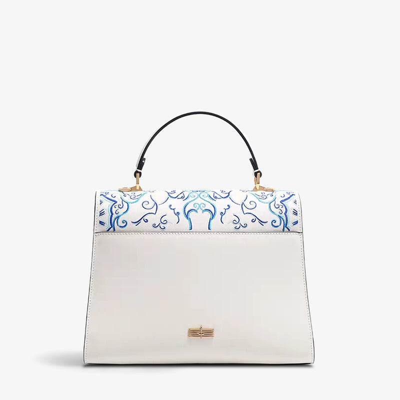 Embroidery Leather Blue Tote Bag Fortune Koi Fish Handbag - SinoCultural