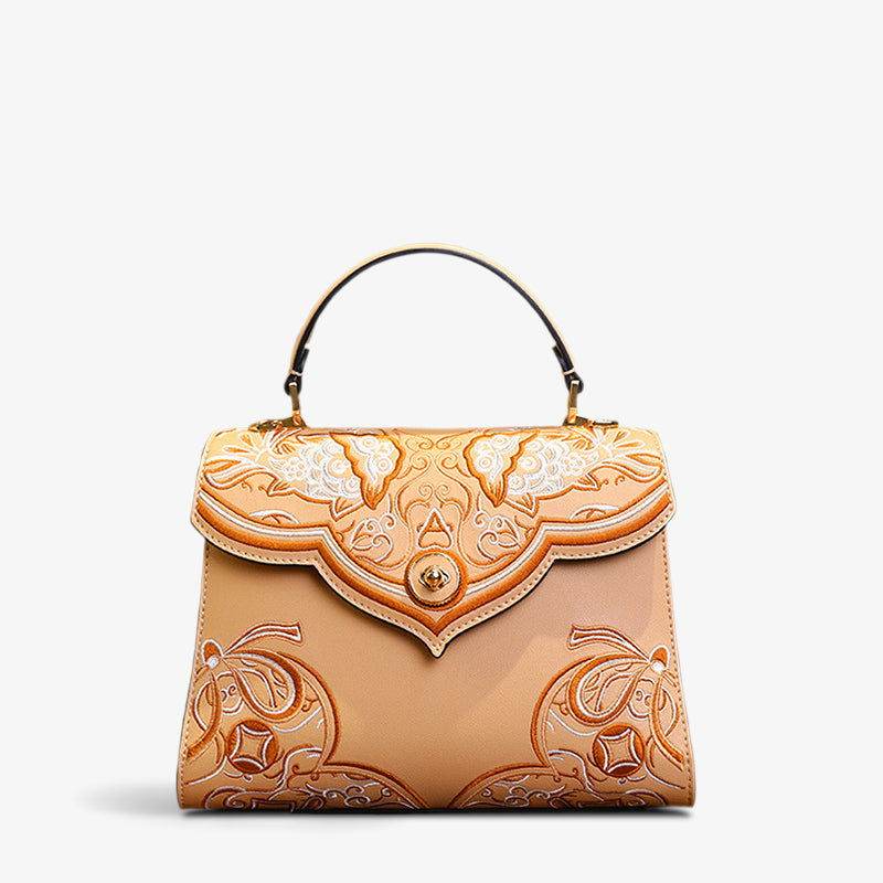 Embroidery Leather Blue Tote Bag Fortune Koi Fish Handbag - SinoCultural