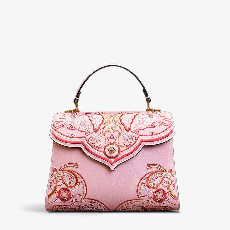Embroidery Leather Blue Tote Bag Fortune Koi Fish Handbag - SinoCultural
