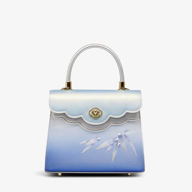 Embroidery Leather Blue Tote Bag Bamboo Elegant Handbag - SinoCultural