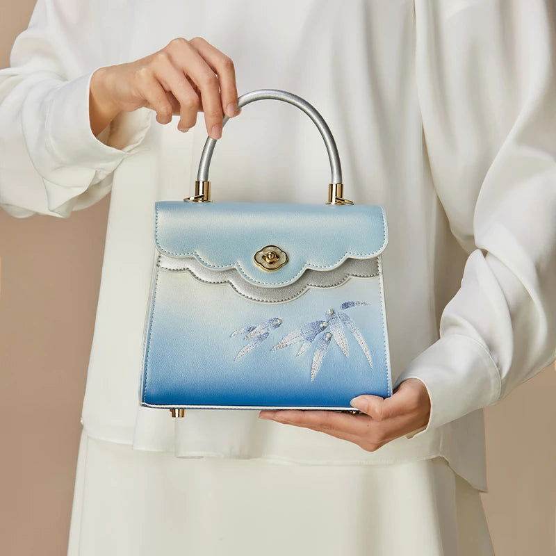 Embroidery Leather Blue Tote Bag Bamboo Elegant Handbag - SinoCultural