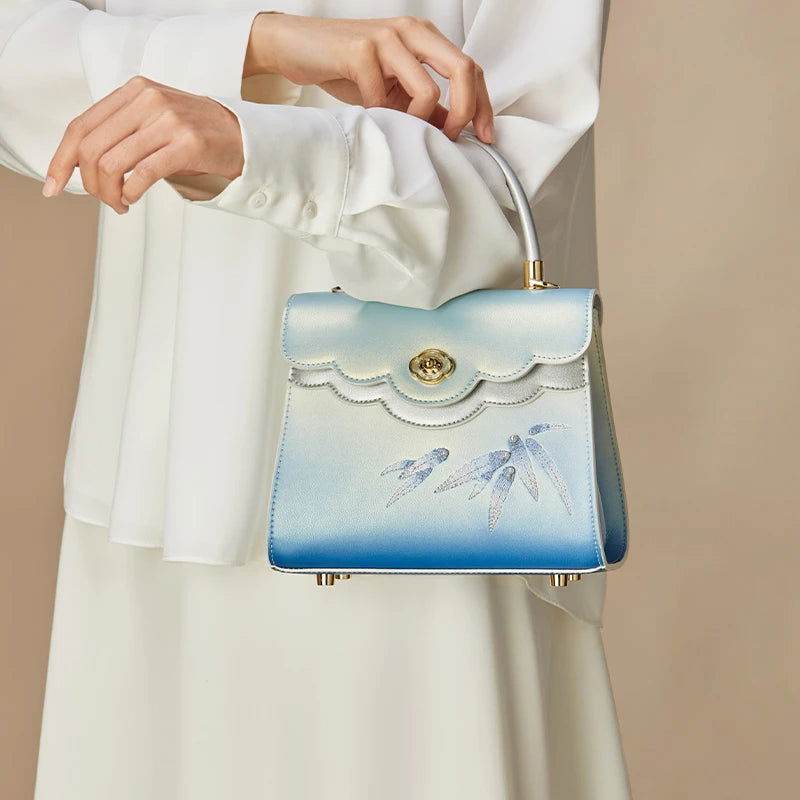 Embroidery Leather Blue Tote Bag Bamboo Elegant Handbag - SinoCultural