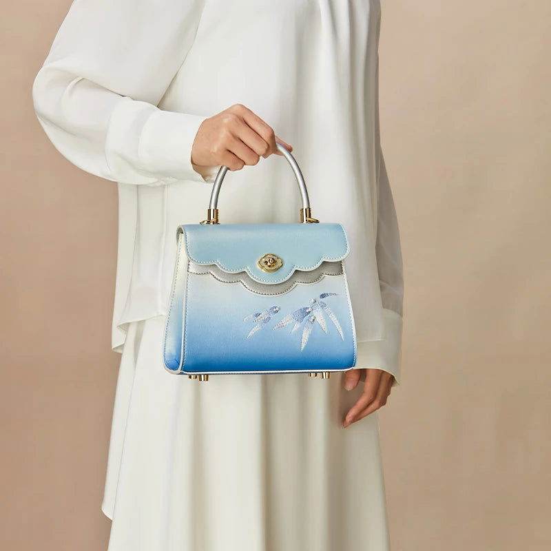 Embroidery Leather Blue Tote Bag Bamboo Elegant Handbag - SinoCultural